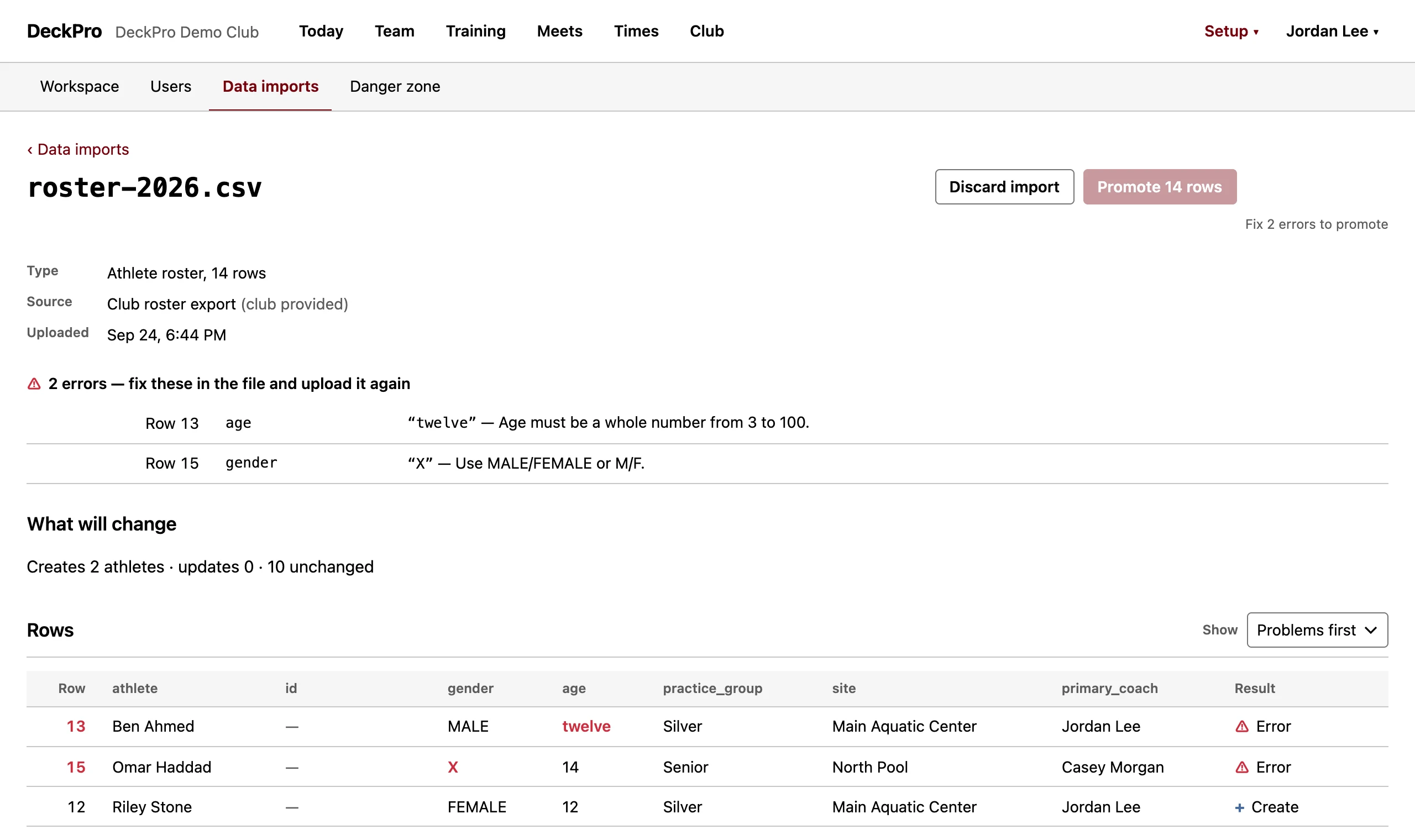 The import review screen: two errors listed with row number, field, and the bad value, a summary of what will change, and every row of the file marked Error, Create, or Unchanged.