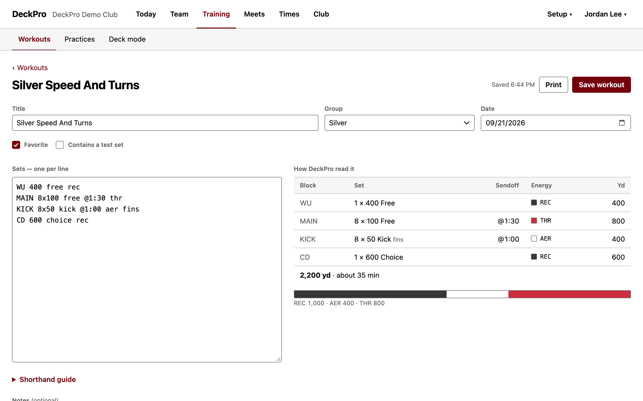 The DeckPro workout editor. On the left, shorthand lines such as MAIN 8x100 free @1:30 thr. On the right, each line parsed into repeats, distance, stroke, sendoff, energy system, and yardage, totalling 2,200 yards and about 35 minutes.